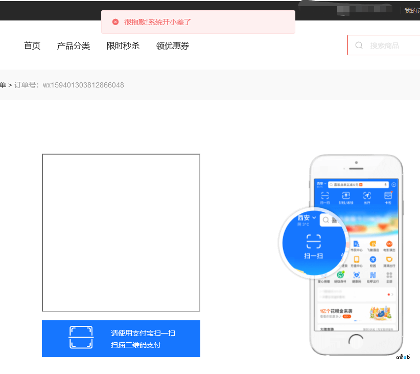 PC模板，在付款頁(yè)面選擇支付寶付款，生成不了二維碼（很抱歉！系統(tǒng)開小差了）？？